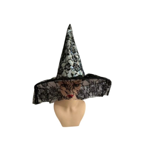 Holographic Witch Hat with Black Floral Lace