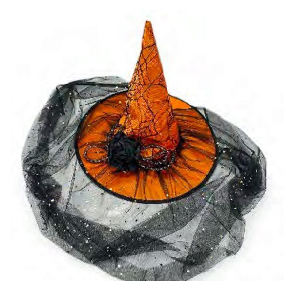 Orange Spider Web Witch Hat with Rose and Black Veil