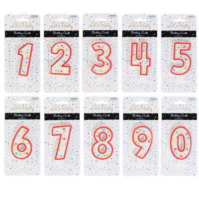 Birthday Candle Number 0-9 Glittered Red Outlining Multicolored Starburst Accent 3.25in