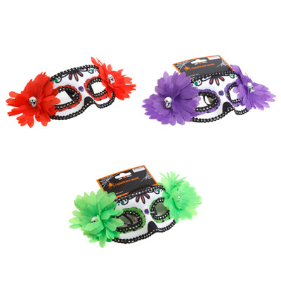 Mask Carnivale/ Day Of Dead W/poly Fabric 3ast W/2flower Eye Accents Elastic Band/hlwn Tcd
