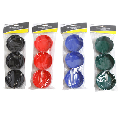 Ashtray 3pk Round 3in Melamine 4ast Blk/red/blue/greenhouse Pvc Bag/hdr