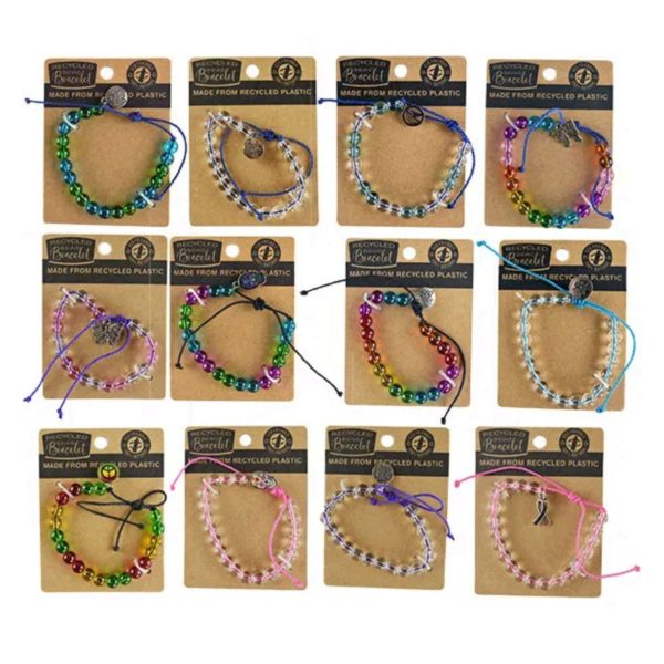 Recycled Plastic Bead Bracelet with Charm in Assorted Colors in PDQ Display
