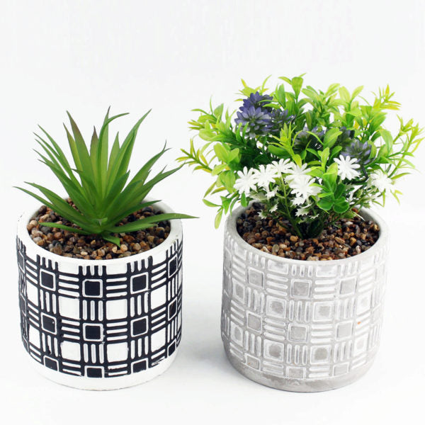 Faux Floral Plant Assortment with Pebbles Cement Decorative Embossed Planter