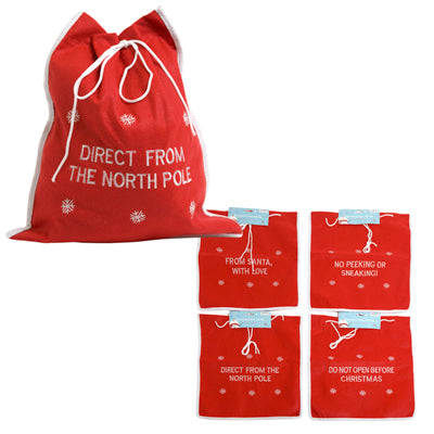Santa Sack Gift Bag Felt W/drawstring 17x15in W/4ast Embroidered Sayings/xmas Hdr