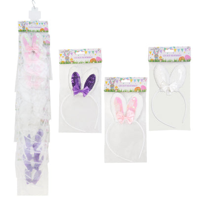 Bunny Ear Headband W/sequin Center & Mini Satin Bow 3ast Pbh/12pc Mdsgstrip