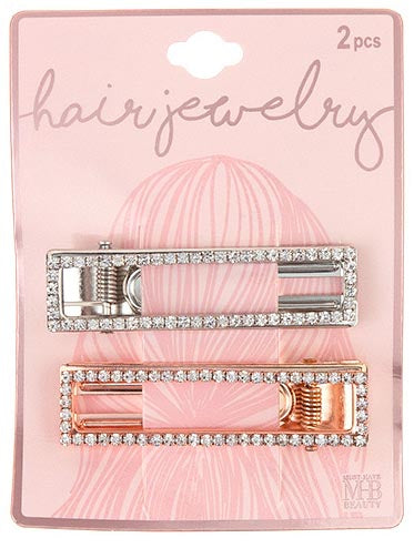 Silver & Rose Gold Hair Barrettes w/ Embroidered Rhinestones - 2-Pack
