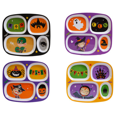 Dinnerware Kids Halloween 48pc 4 Assorted Melamin 4-section Plate 9.5x8.5in Counter Display