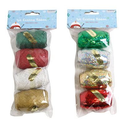 Curling Ribbon Egg 4pk Xmas Colors Asst Glitter/holog Finish 10m Rolls Xm Pbh