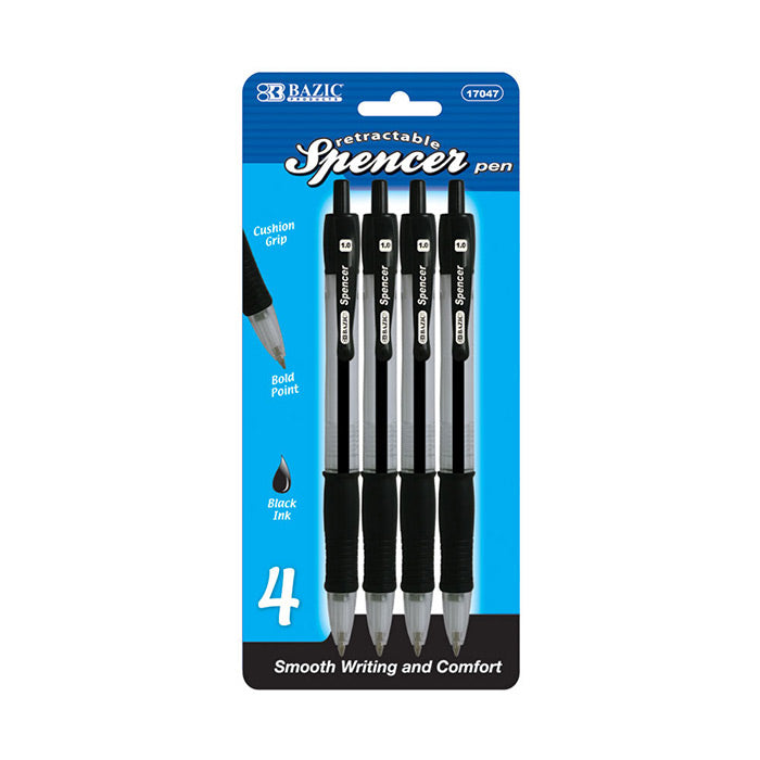 Spencer Black Retractable Pen w/ Cushion Grip (4/Pack)