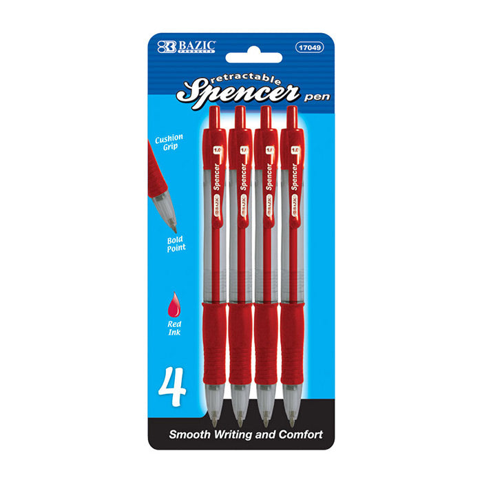 Spencer Red Retractable Pen w/ Cushion Grip (4/Pack)