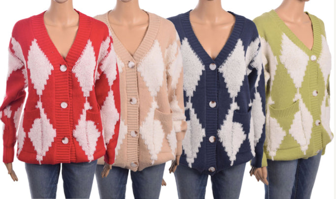 Women's Printed V-Neck Cardigans w/ Dual Pocket Buttons Closure & Two Tone Rhombus Patterns - Assorted Colors