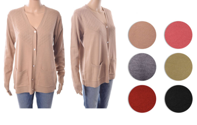 Women's V-Neck Cardigans w/ 2-Pocket Buttons Closure - Assorted Colors