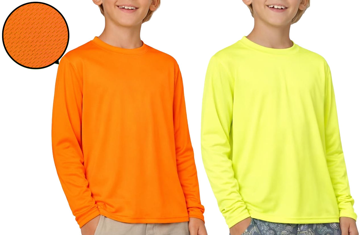Boys Long-Sleeve Rash Guards w/ Quick Dry Fabric - Orange & Neon - Sizes X-Small-XL