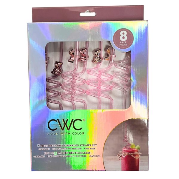 Cook with Color 8 Piece Pink Teddy Bear BPA Free Swirly Plastic Straw Set
