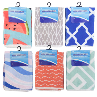 Dish Cloth Microfiber 3pk 11.8 Sq In 2 Print + 1 Coord Solid Per Set 6 Asst Tcd/ Hook
