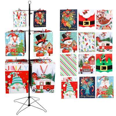 Gift Bag Christmas 3 Sizes W/spinner Rack 96 Lg 72 Med 48 Xl - 216 Pc