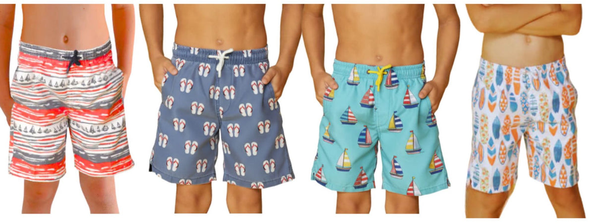 Toddler Boys Printed Swim Trunks w/ Dual Cargo Pockets - Sailbot, Flip Flop, & Surf Print - Sizes 2T-4T