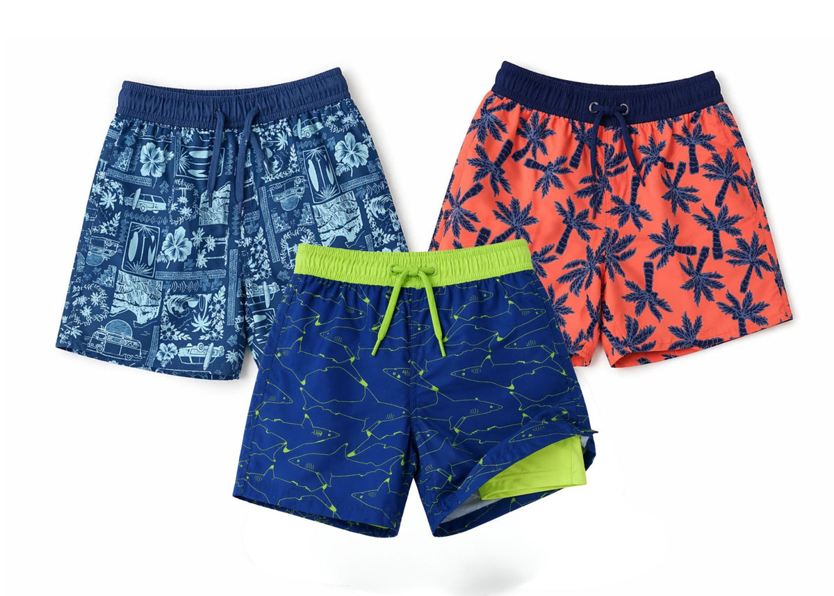 Boys Printed Swim Trunks w/ Compression Lining - Tropical Palm Tree & Two Tone Shark Print - Sizes 4-7