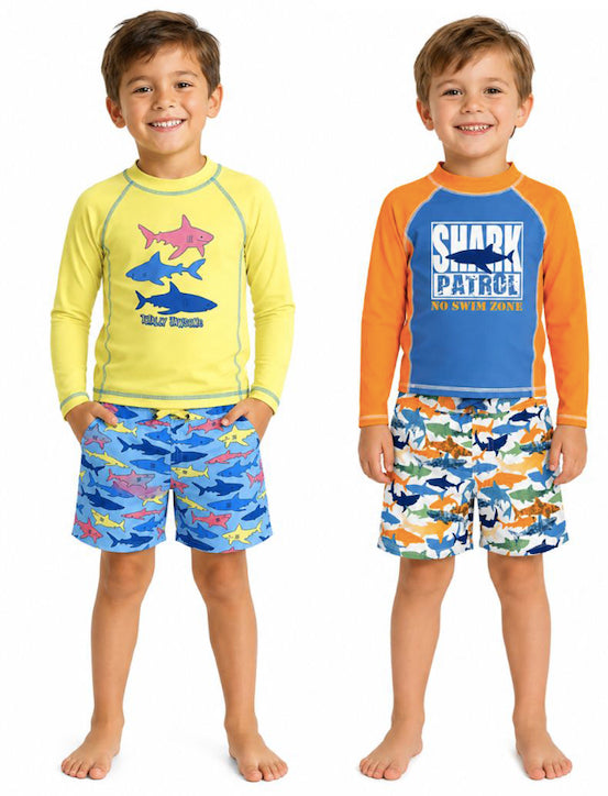 Boy's Long-Sleeve Rash Guard & Swim Trunks Set - Shark Patrol Print - Sizes 4-7