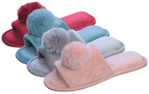 Women's Plush Velvet Slide Slippers w/ Pom Pom Adornment