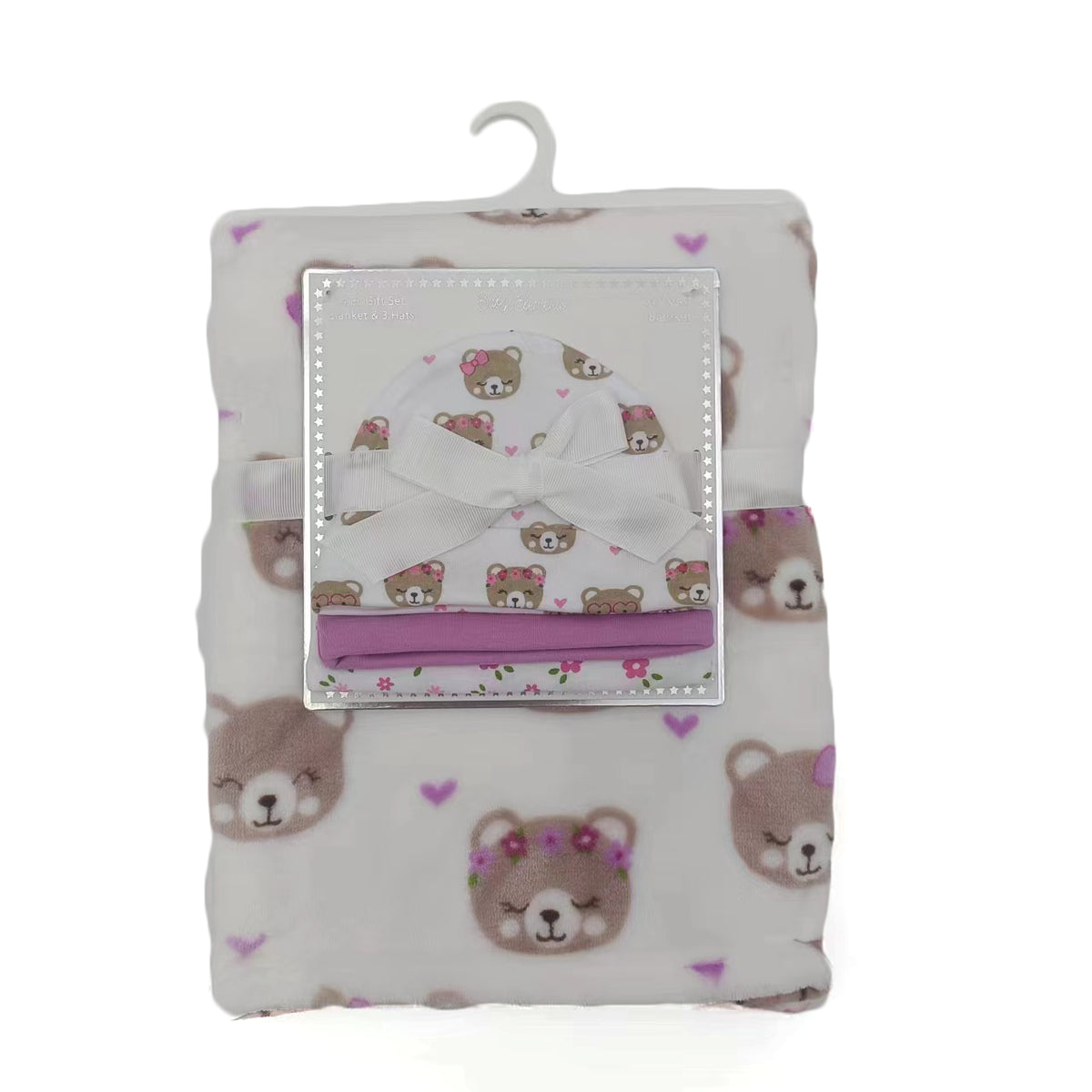 30 x 40 Printed Baby Flannel Blanket & Newborn Hat Sets - Cute Bear Print