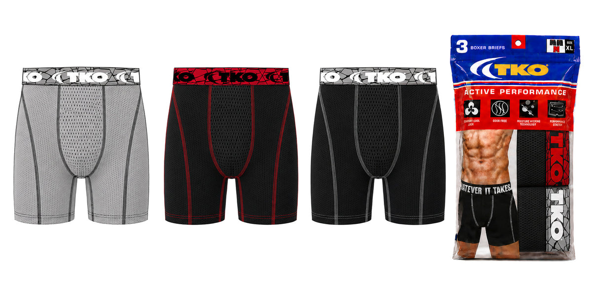 Men's TKO Performance Boxer Briefs - Black/Grey Mesh w/ Printed Waistbands - Sizes Medium-2XL - 3-Pack