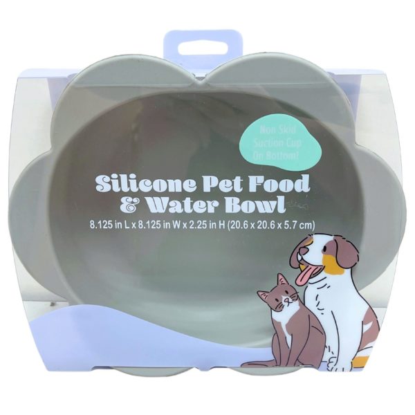 8" Silicone Floral Shaped Pet Food & Water Bowl with Non Skid Suction in Grey