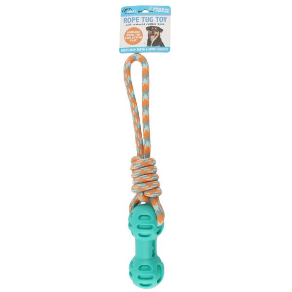 Durable Rope Tug Dog Toy with Tough Rubber Texture Bone Shape and Built In Squeaker