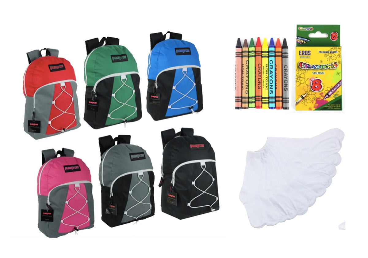 17" Bungee Backpacks w/ Crayons & White Crew Socks - Teen Girls School Bundle