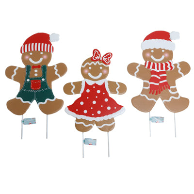 Yard Stake Metal Christmas Gingerbread 3ast 18.2 X 10.5in 2 Prong/upc Label