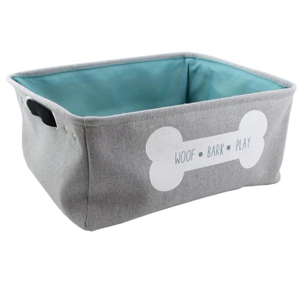 Winifred and Lily 17"x13" Grey with Teal Inside Linen Rectangular Pet Storage Bin with Woof Bark Play message inside White Bone