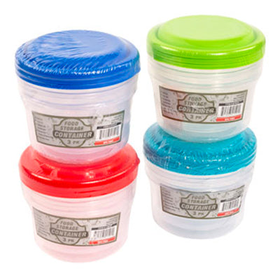 Food Storage Container Round 3-pk 4 Color Lids/clear Bottom In Pdq #new 1