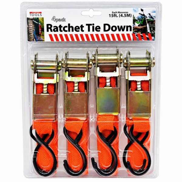 4 Pack 15' Ratchet Tie-Down Set with Buckle