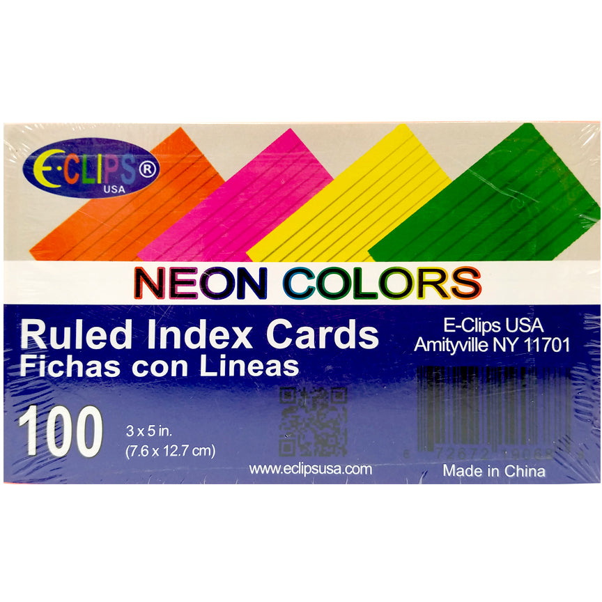 3" X 5" Ruled Index Cards - Neon Colors - 100-Pack
