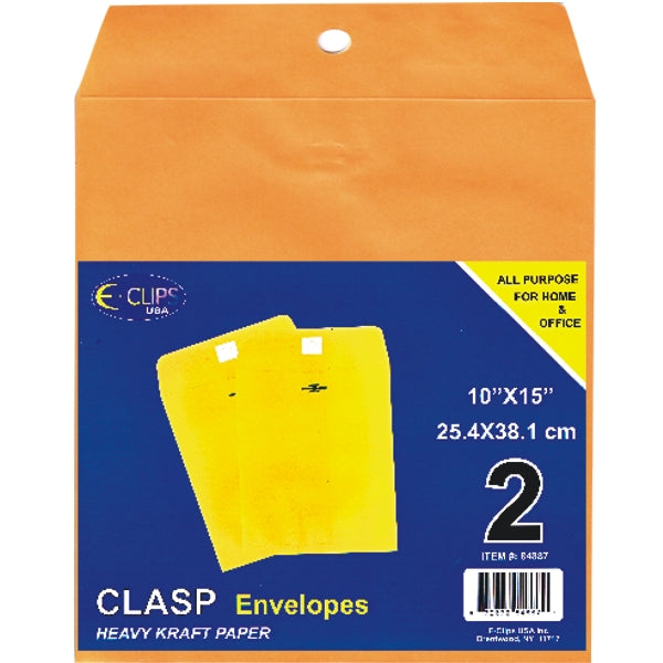 10" X 15" Kraft Clasp Manila Envelopes w/ Metal Closure & Gummed Flap - 2-Packs