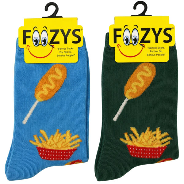 FOOZYS Crew Socks Assorted Black & White with Corn Dog & Fries Design Size 9-11