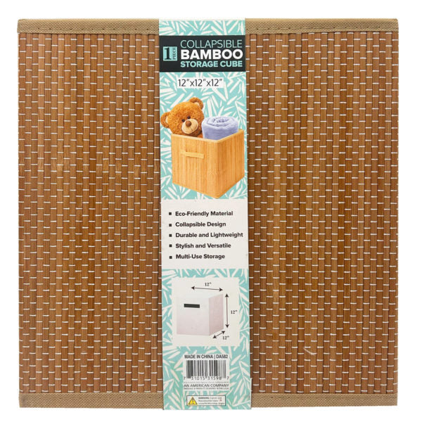 12" x 12" Collapsible Brown Check Bamboo Storage Basket