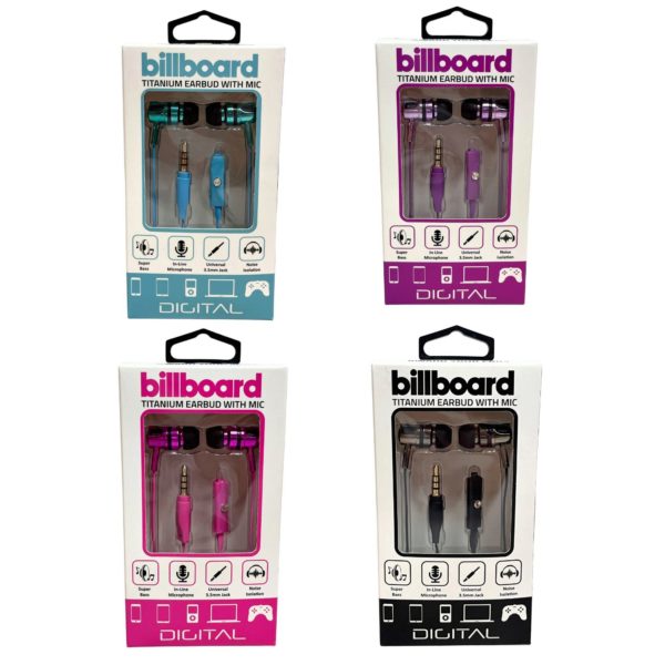 Billboard Titanium Wired Earbuds with Mic in Assorted Colors