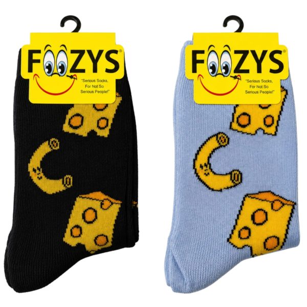 FOOZYS Crew Socks Assorted Black & Light Blue with Mac N Cheese Design Size 9-11
