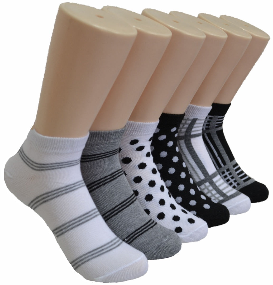 Women's Low Cut Novelty Socks - Black & White Polka Dots & Stripes - Size 9-11