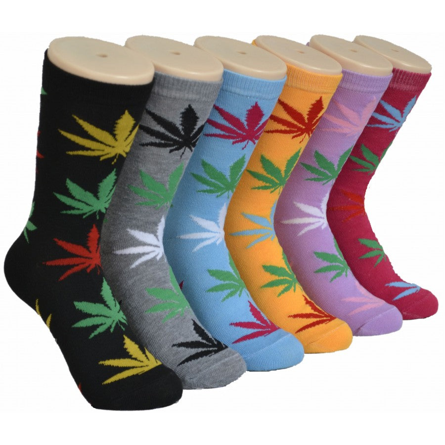 Women's Novelty Crew Socks - Marijuana Leaf Print - Size 9-11