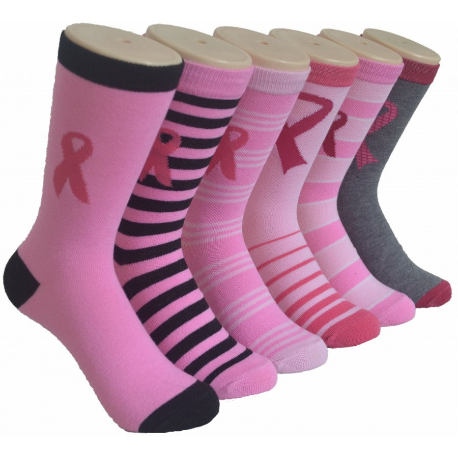 Women's Novelty Crew Socks - Breast Cancer Awareness Print & Stripes - Size 9-11