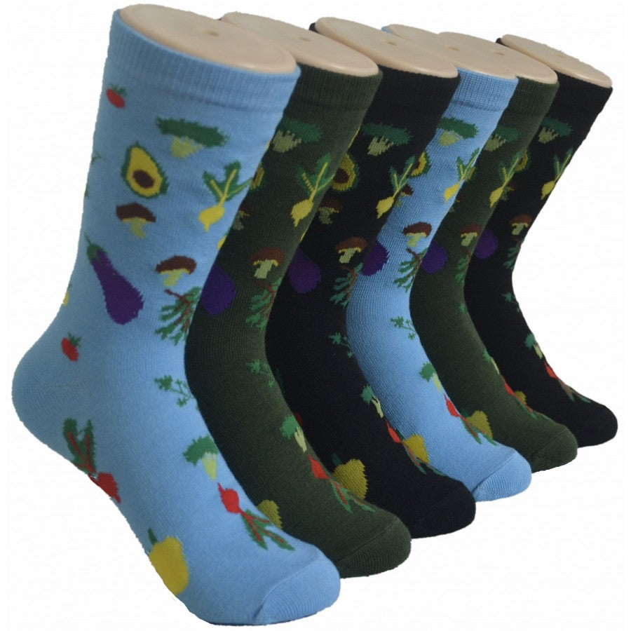 Women's Novelty Crew Socks - Vegetable, Eggplant & Avocado Print - Size 9-11