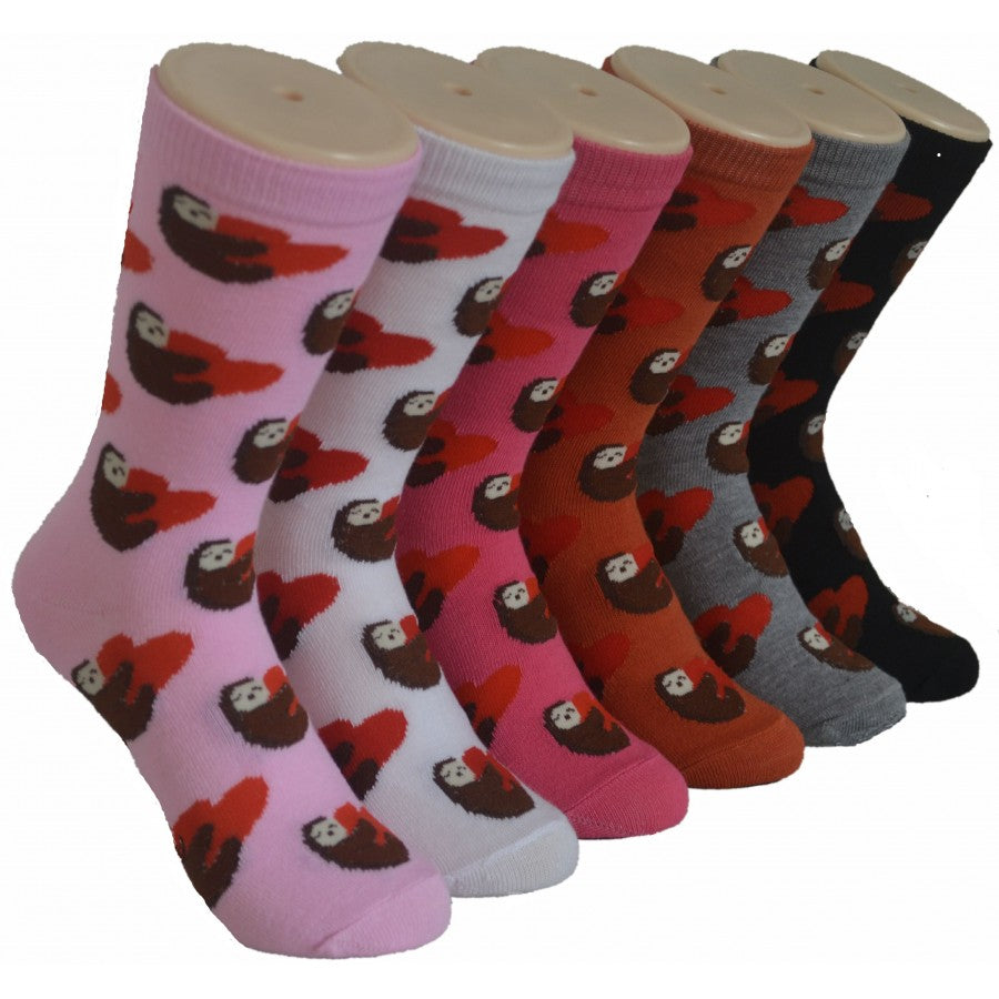 Women's Novelty Crew Socks - Valentine's Day Sloth Print - Size 9-11