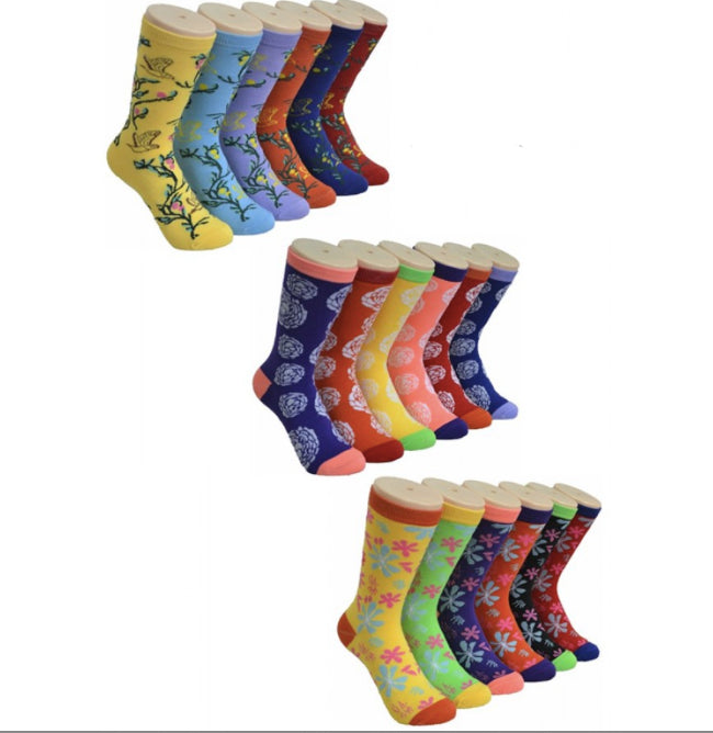 Women's Novelty Crew Socks - Floral Variety Print - Size 9-11