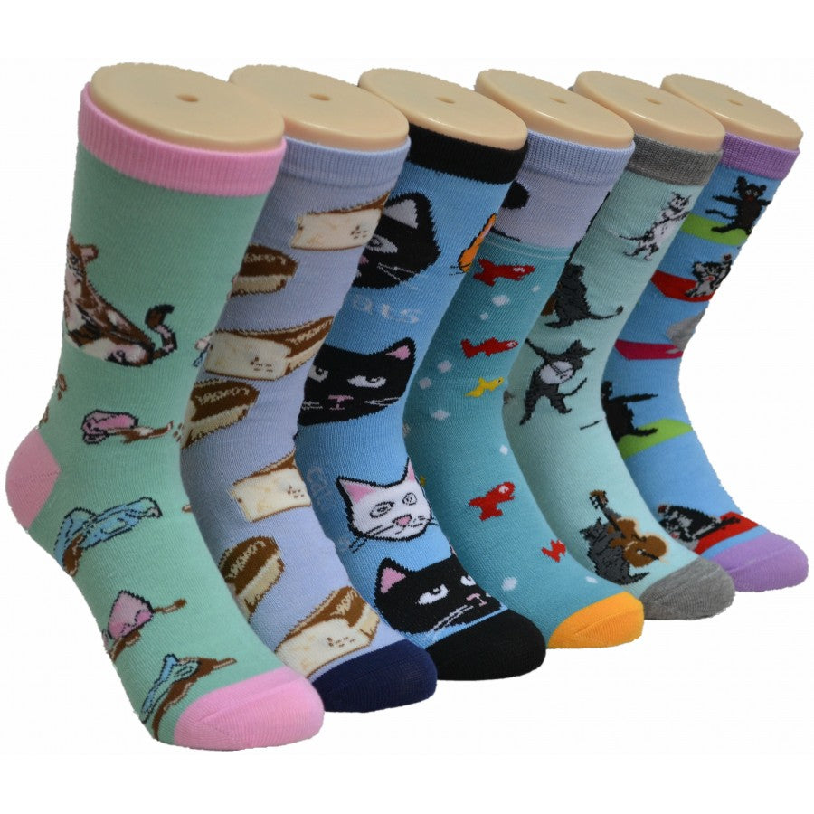 Women's Novelty Crew Socks -Silly Kitty Print - Size 9-11
