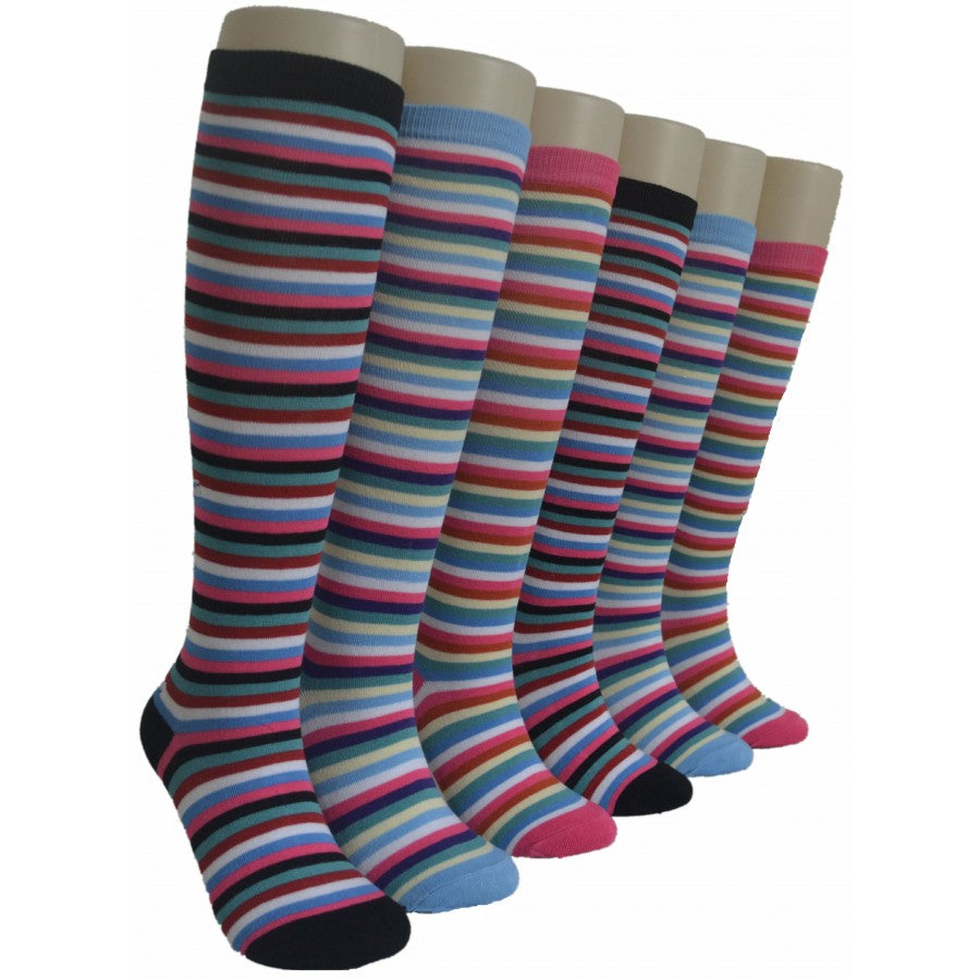 Women's Knee High Printed Socks - Two Tone Rainbow Stripes - Size 9-11