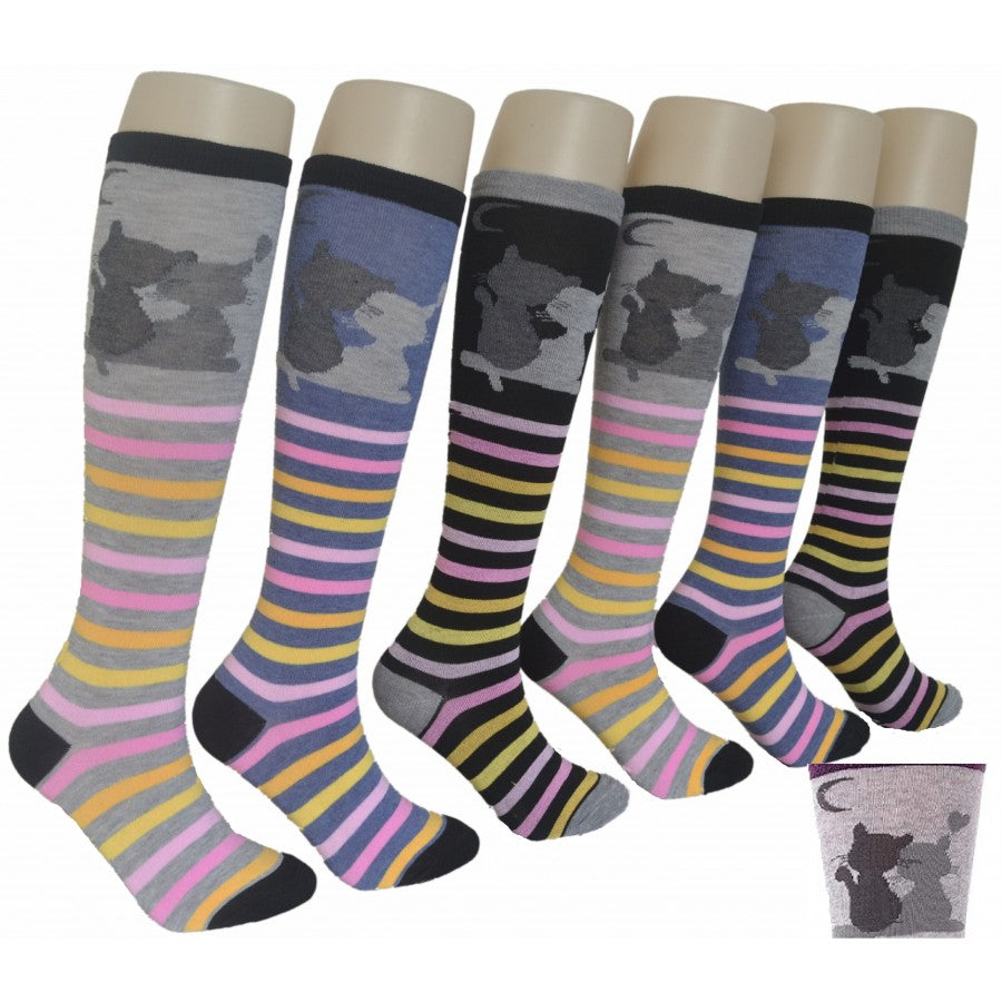 Women's Knee High Printed Socks - Cat & Striped Print - Size 9-11