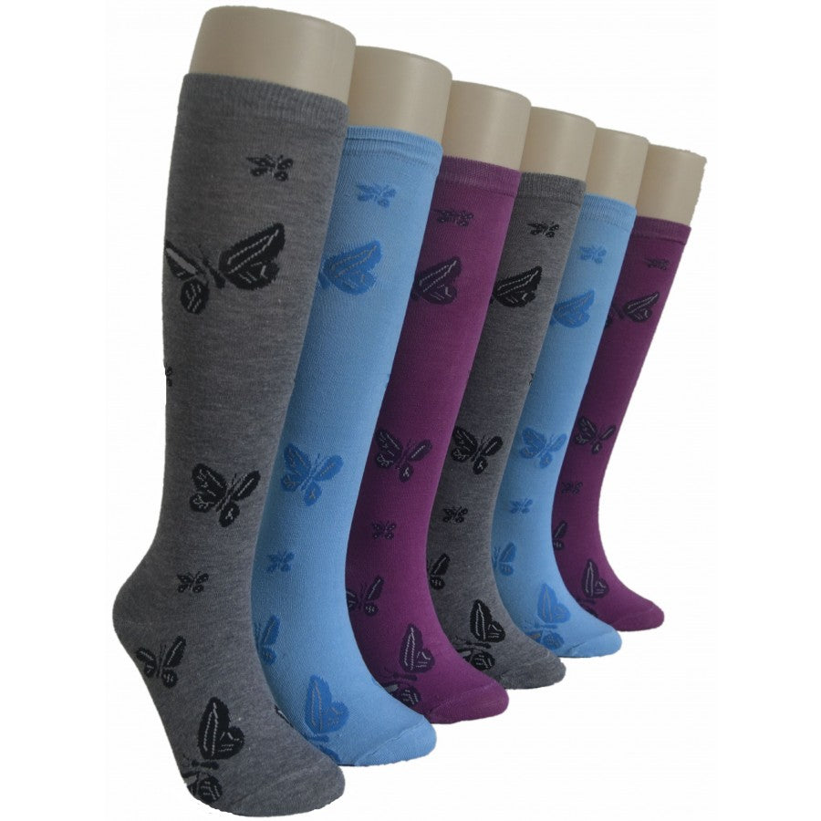 Women's Knee High Printed Socks - Butterfly Print - Size 9-11