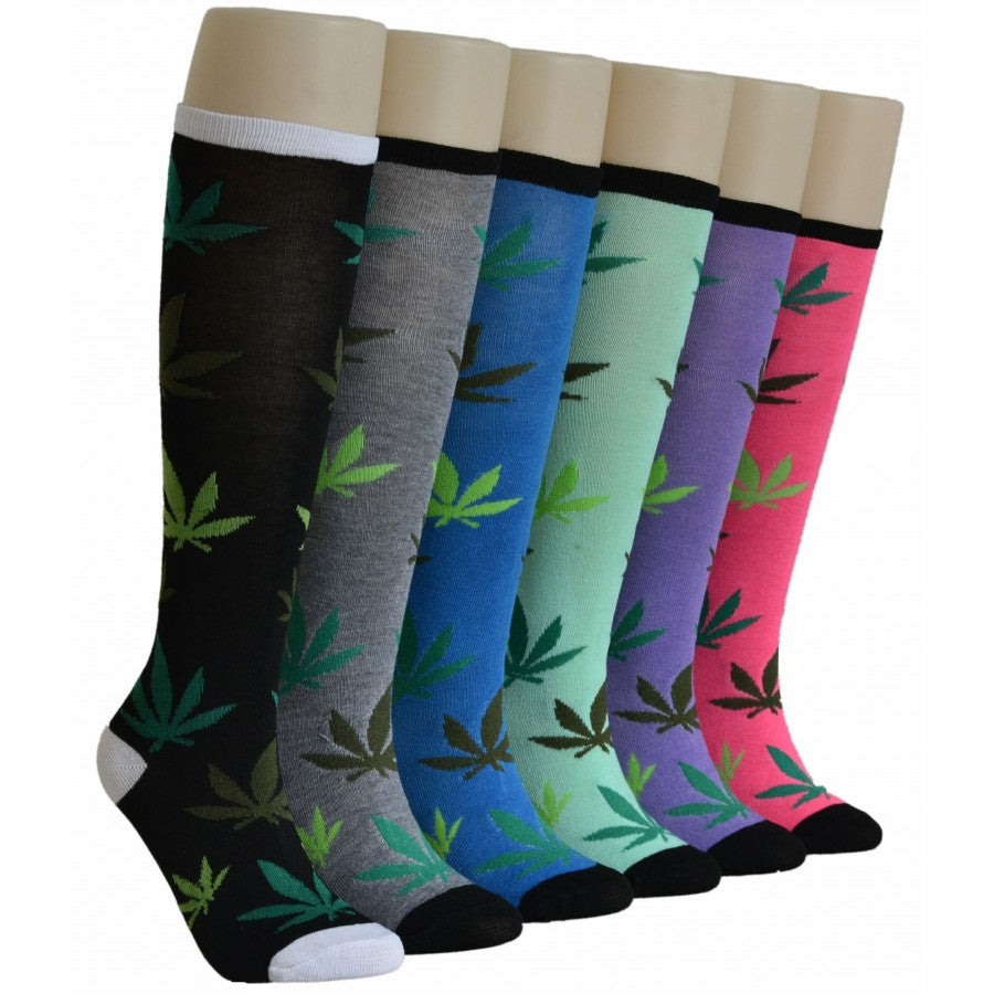 Women's Knee High Printed Socks - Marijuana Print - Size 9-11